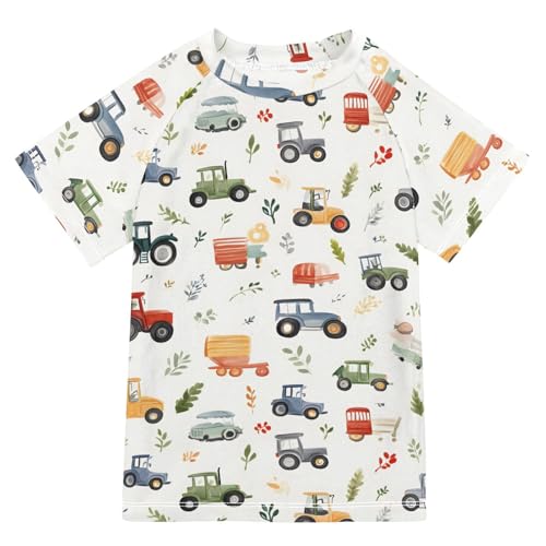 ALAZA Kids Rash Guard Boys Toddler Swim Shirts Short Sleeve Cars Tractors Leaf Print UPF 50+ 3T