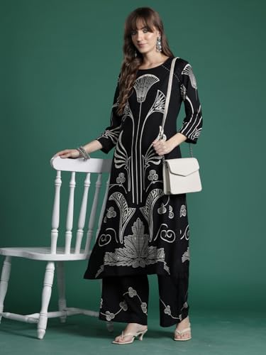 Image of INDO ERA Women's Straight Viscose Rayon Ethnic Motifs Printed Kurta & Palazzo Set (IESTR10489)