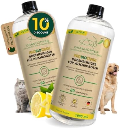 2er-Set GRASHÜPFER® Probiotischer Bodenreiniger für Wischroboter [FÜR TIERHAUSHALTE] – Geruchsentferner für Roborock, Dreame, Ecovacs & MOVA – Saugroboter & Saugwischer [ZITRUSBLÜT