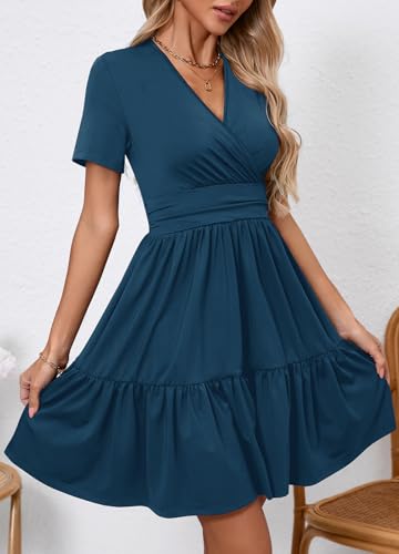 Image of Women's Casual Summer Dress V Neck Short Sleeve Flowy Stretchy Comfort Fit for Daily Wear Work Midi Dresses