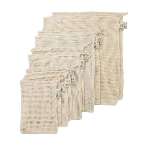 Simple Ecology Reusable Grocery Produce Shopping and Storage Bags, Organic Cotton Mesh, Set of 10 (2 ea. XL, L, M, S, XS)