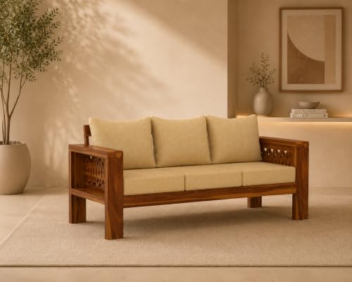 Image of NATRAJ ART & CRAFT Sheesham Wood 3 Seater Sofa Set for Living Room | Wooden Sofa Set for Living Room Furniture (3 Seater, Honey Finish)