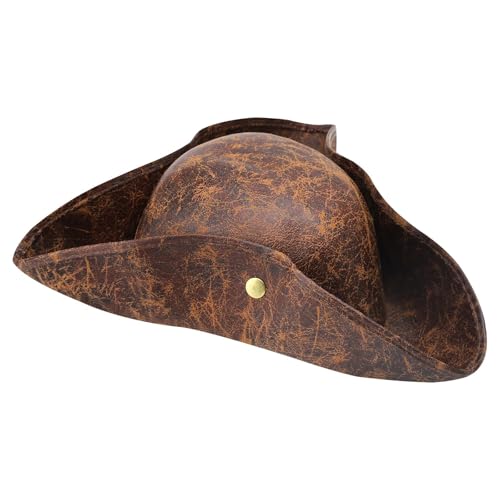 VOSSOT Chapéu pirata para adultos, pele sintética, chapéu de três pontas, estilo colonial, chapéu medieval para festa temática pirata, cosplay, festas a fantasia, carnaval, castanho, Halloween
