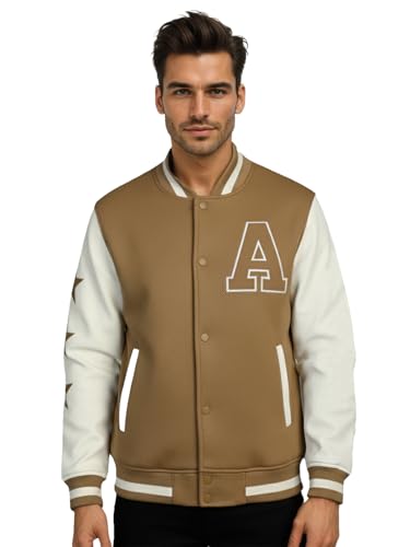 Image of CHKOKKO Men's Regular Varsity Jacket with Snap Button Closure and Patch Design Trendy Comfortable Outerwear for College Travel and Casual Wear