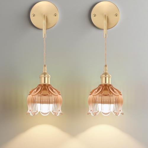 Image of Battery Operated Wall Sconces CCT Dimmable Wireless Sconces Set of 2, Vintage Light Fixture with Amber Flower Glass Lampshade Wall Decor Set of 2 for Living Room Bedroom Bedside Bathroom