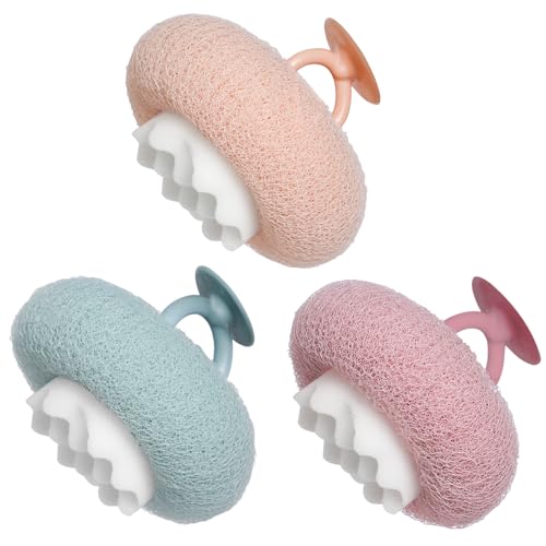 Bath Sponge, Suction Cup Bath Ball Body Scrubber, 2026 Upgraded 2-in-1 Sunflower Ball Exfoliating Bath Sponge Cleaning Brush, Mesh Shower Body Sponge Accessories for Women, Men Shower (3 Color)