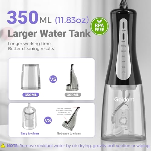 Image of 2026 New 350ML Water Flosser with Drainage & Storage Stand, Keeps Dry & Clean, 5 Modes, 360Nozzle, Cordless Rechargeable, IPX7 Waterproof, Portable for Home & Travel (Black)