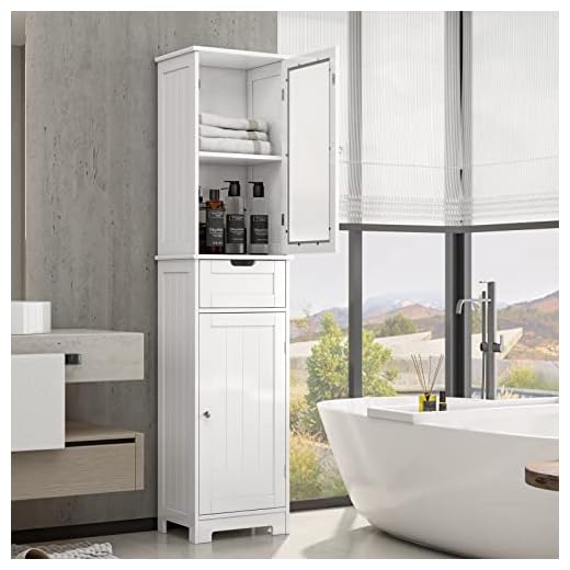 HOCSOK Colonne de Salle de Bain, Meuble de Rangement avec 2 Portes Armoire pour Toilettes en Bois avec Étagères Réglables en Hauteur, Blanc, 40x30x170cm