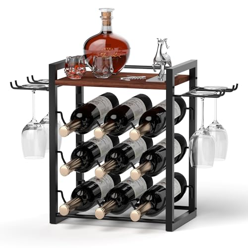 Image of B4Life Wine Rack Countertop, Wine Glass Holder and Bottle Holder with Tray, Countertop Liquor Storage Holds 9 Liquor Bottles and 4 Glasses, Freestanding Liquor Storage for Home, Kitchen, Bar, Cellar