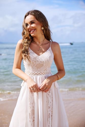 Image of Spaghetti Chiffon Beach Wedding Dress V Neck A line Bridal Gowns Lace Plus Size Wedding Dress