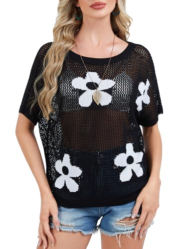 Image of Crochet Tops for Women Off The Shoulder Beach Coverup for Swimsuit Oversized Hollow Out Summer Tops