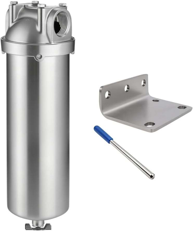 Amwater NSF/ANSI 42 Stainless Steel Whole House Water Filter Housing, 10" x 2.5" Sediment Water Filter System for Heavy Duty, Well & City Water, 3/4" NPT Port, Drain Valve Style A(Wing)