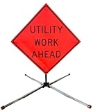 OrangeGear® 36' x 36' MUTCD TTC Compliant Safety Orange Mesh Rollup Traffic Control Sign, Fiberglass Ribs & Aluminum Sign Stand Kit (Utility Work Ahead)