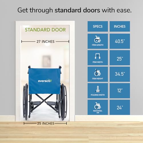 Image of Everactiv Economy Foldable Wheelchair with Heavy-Duty Frame, Strong Crossbar Support, Safety Seat Belt, Wide Padded Seat, Easy Folding Design, 120 kg Capacity | Wheelchair for Old Age Person | Blue Colour
