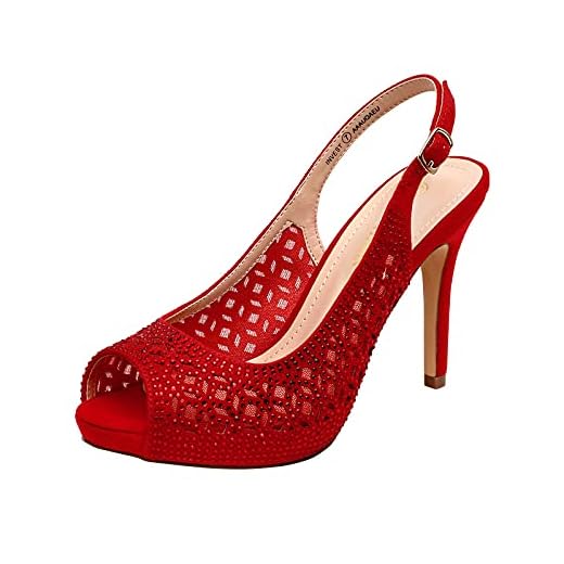 DREAM PAIRS Women's Invest High Heels Platform Sexy Dress Rhinestones Peep Toe Pumps Shoes, Red Suede, Size 8