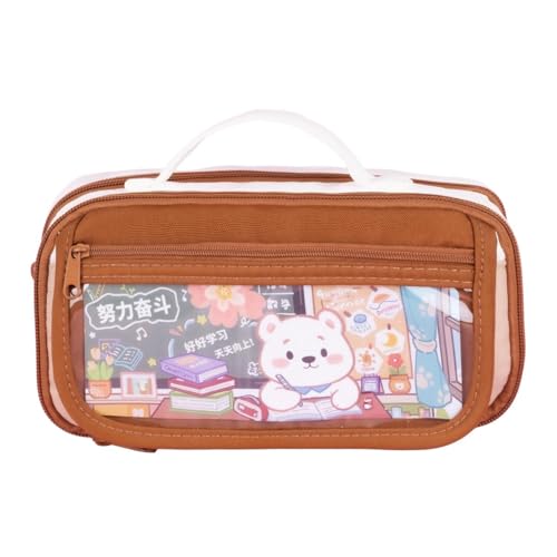 Image of Canvas School Bag Pencil Case, 3 Layer 6 Compartment Large Capacity, Aesthetic Pencil Pouch for Stationary, Cute Stationery for Kids, Pencil Case for Girls & Boys (Coffee /Cream)