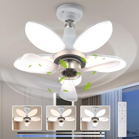 LMLAITE Socket Fan Ceiling Fan with Light, 20'' Dimmable LED Light Bulb 4 Speed Quiet Fans Light, 3000K-6500K, 1000 Lumens Light Bulb with Extender for Bedroom Living Room Kitchen Garage Indoor Cover