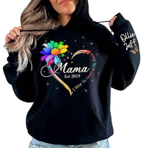 I Wear My Heart on My Sleeve Hoodie Kids Children Name on Sleeve, Custom Mama Hoodie, Custom Mama Shirt with Kids Name, Personalized, Customized Mimi Nana Gigi Mom Birthday Christmas/ 2