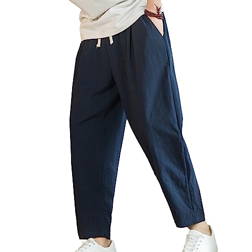 JEsilunmaMY Men's Summer Casual Cotton Linen Pants Elastic Waist Slacks Straight Harem Pants Solid Color Beach Lounge Pants