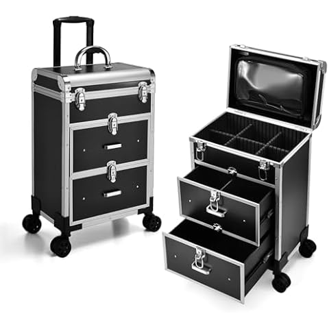 Adazzo Professional Rolling Makeup Train Case with Drawers, Large Cosmetic Trolley with Locks, Cosmetics Storage Organizer Make up Case for Travel Makeup/Nail Art/Hair Styling, Matte Black Cover