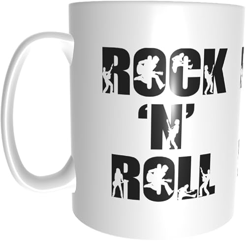 Pandok White Ceramic Mug - Music - Rock : Rock 'N Roll Logo With Muscician Cutouts In The Letters - Single Mug