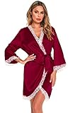 Lovasy Morgenmantel Damen Sexy mit Gürtel Kimono Bademantel Satin-Seide kurzer Bademantel Bride Morgenmantel Kimono mit Blumenspitze für Hochzeit、Poolparty und Pyjamaparty,Weinrot,M