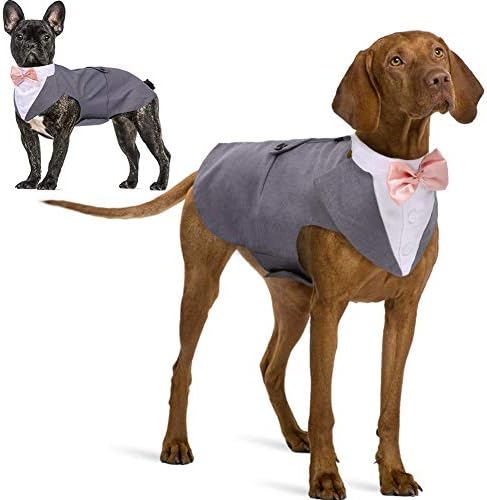IDOMIK Dog Tuxedo Suit for Small Medium Large Dogs, Formal Dog Tuxedo Vest Suit with Detachable Bow Ties Collar & Bandana Scarf Set, Dog Wedding Attire Shirt for Birthday Party Costume Grey