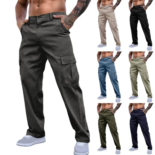Casual Cargo Pants for Men Baggy Lightweight Straight Leg Work Pants Outdoor Hiking Sports Trousers Flap Pockets
