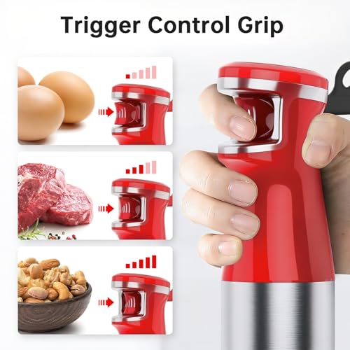 Image of Immersion Blender Handheld Corded Hand Blenders Set 1100W, Trigger Variable Speed 5 in 1 Stick Emulsifier with Chopper, Whisk and Frother for Soup, Baby Food and Smoothies, Christmas red