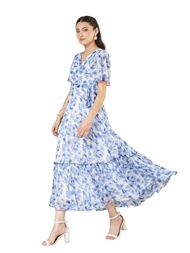 Image of Miss Chase Women's Floral V-Neck Flutter Sleeve Wrap Chiffon Maxi Dress