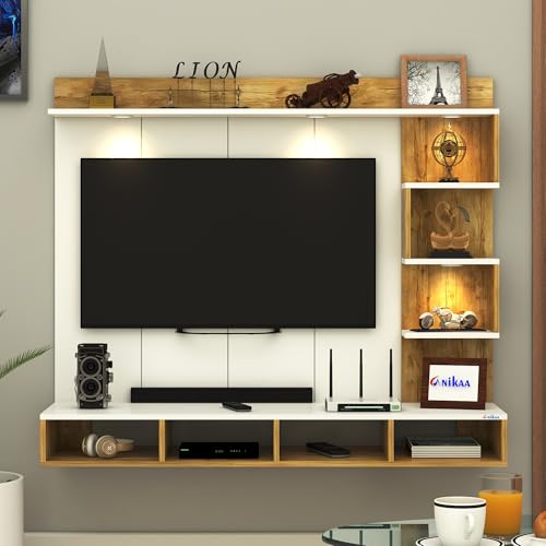 Image of Anikaa Kasey Engineered Wood Wall-Mount TV Unit with PVC Back Panel & LED Lights | TV Cabinet with Storage Box & Decorative Shelves (Gaintwood /White) Ideal for TVs up to 55 Inch | DIY Installation