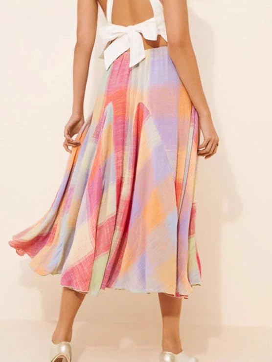 Women Multicolour Plaid Ruffle Elastic Waist Flowy Long Skirt Trendy Flowy Multicolour Plaid Skirts Casual Boho Maxi Skirt4
