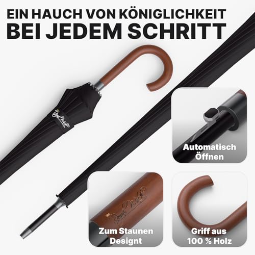 Royal Walk Groß XXL 54 inch Automatik Reise Golf Regenschirm für Damen und Herren Sturmfest Windsicher Leicht Klassisch für 2 Personen Holzgriff Wasserabweisend 16 Rippen Unisex 120cm (Schwarz)