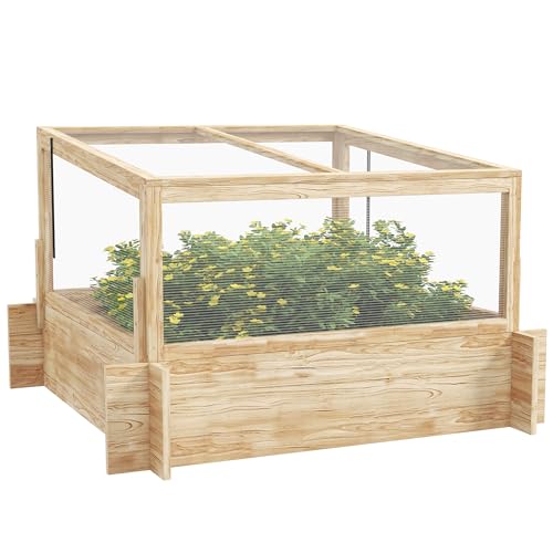 Outsunny Outdoor Raised Garden Bed, Wooden Elevated Planter Box with Cold Frame Greenhouse and Openable Top for Vegetables, Flowers and Herbs, 98x98x63.5cm