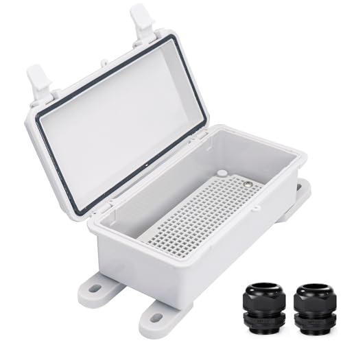 YETLEBOX Waterproof Electrical Box Dustproof Junction Box Weatherproof IP67 ABS Plastic Enclosure Switch Router Project Box with Mounting Plate with Wall Bracket 2 Cable Glands Grey 7.9"x3.9"x2.8"
