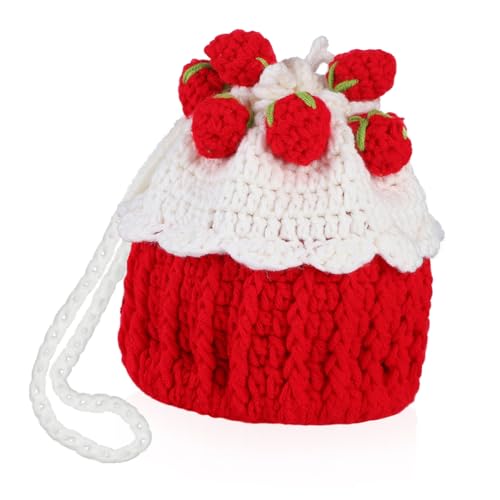 Strawberry Crochet Bag Adorable Drawstring Handbag for Women Versatile Knitted Barrel Purse for Daily Use and Travel Cute Strawberry Design