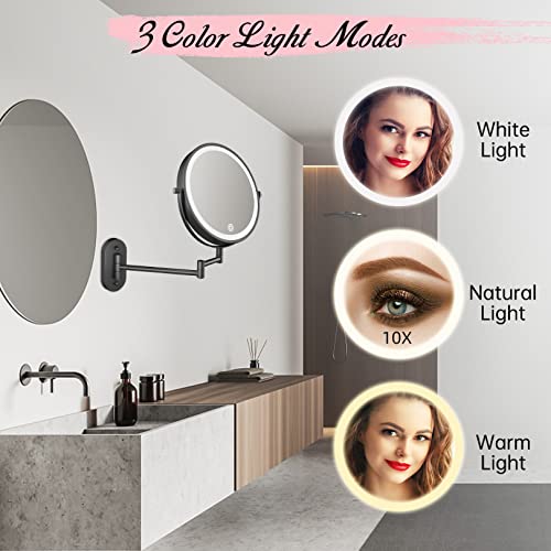 Fascinate Rechargeable Wall Mounted Lighted Vanity Mirror 8 Inch 1X/10X Magnifying Makeup Mirror With 3 Color Lights, Double Sided Dimmable, 360 Degree Screen Touch,Bathroom Shaving Mirror (Black) #TOP3
