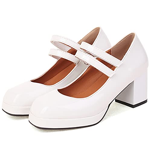 Betastella Women's Platform Block Heel Mary Janes Patent Leather Square Toe Ankle Strap Chunky Pumps2