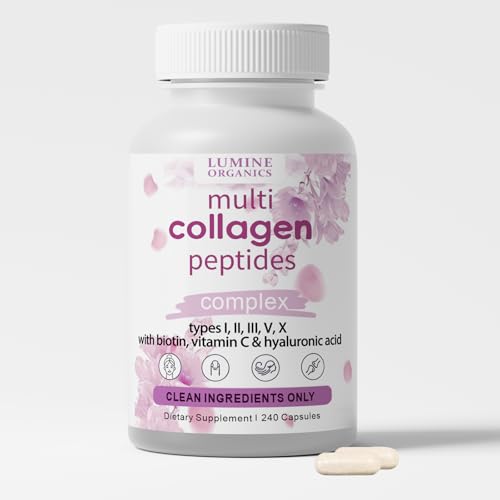 Lumine Organics 1PCSLumine Organics Collagen Hydrolyzed Collagen Peptides Capsules Type I II III V X with Biotin Hyaluronic Acid Powder Vitamin C Non-GMO 240 Capsules (1PCS)