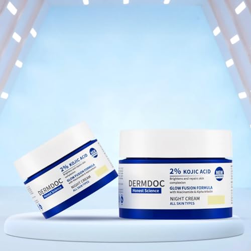 Image of DERMDOC 2% Kojic Acid Night Cream 50g & 25g with Niacinamide & Alpha Arbutin for Glowing, Brightening Skin, Dark Spot Reduction & Anti-Aging Pack of Two