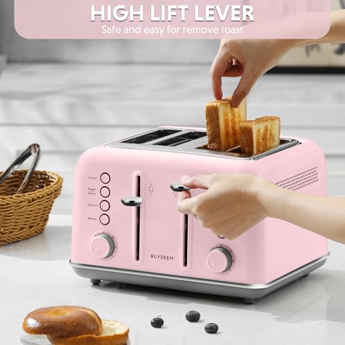 Image of BUYDEEM DT640 4-Slice Toaster, Extra Wide Slots, Retro Stainless Steel with High Lift Lever, Bagel and Muffin Function, Removal Crumb Tray, 7-Shade Settings,Pink