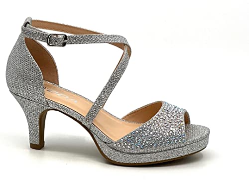 Soda Rhinestone Heel Sandals For Girls/Kids -Yuchi-2 Silver Shimmer 3 #TOP2