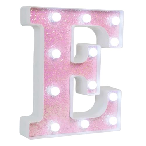 Image of Pink Glitter Marquee Light Up Letters, Battery Operated LED Letter Lights Signs for Pink Birthday Party Table Decorations, Wall Decor for Girls Bedroom, Initial Letter E with Cool White Lights
