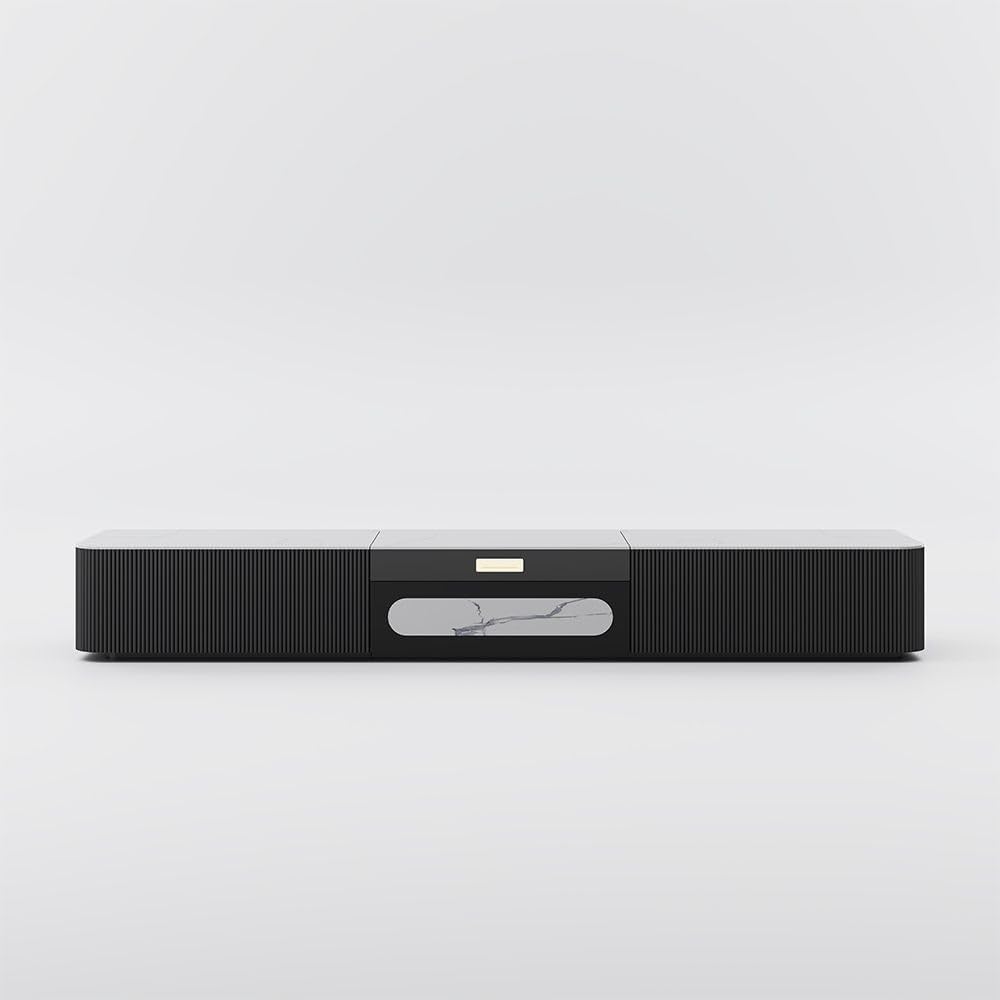 POVISON Fully-Assembled Modern TV Stand for Projector, Sintered Stone Entertainment Center with Storage for 75 inch TV, Wood TV Console, Media Console for Living Room Bedroom