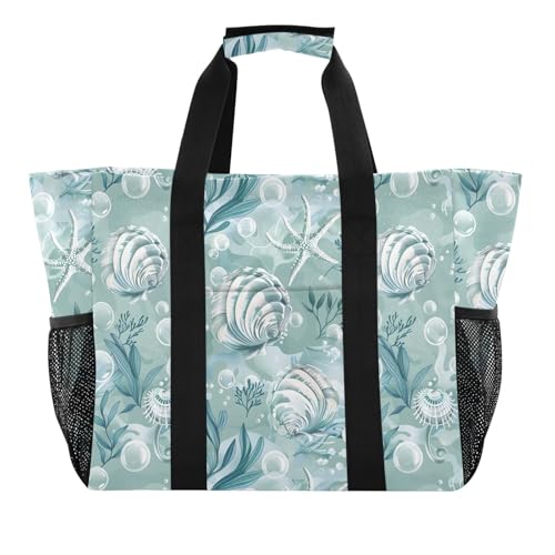 OWFKAY Bolsa de playa, bolsas de compras reutilizables, bolsas de comestibles, impermeables, conchas marinas, algas, burbujas, plegable, grande, con asas