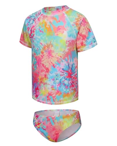 Image of Girls Two Piece Swimsuits Short Sleeve Rash Guard Swim Shirt Bikini Bottom Swim Set Bathing Swim Set Swimwear 3-16 Years
