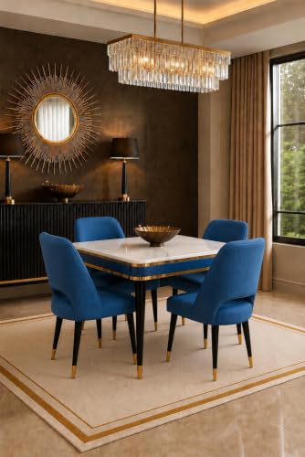 Image of WOODEN SPACE 4 Seater Wooden Dining Table Set | Urban Marble Top Dining Table with Chairs for Dining Room & Kitchen (Modern Vintage Blue) (54 x 36 x 30 inch)