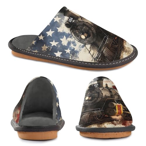 Vintage Train House Slippers Unisex, Warm Slipper Rubber Sole Memory Foam Indoor Outdoor 4-53
