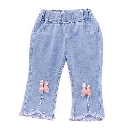 Flared Jeans for Kids Girls Baggy Elastic Waist Bow Pearl 𝗥aw 𝗛em Denim Pants Casual Lightweight Trousers