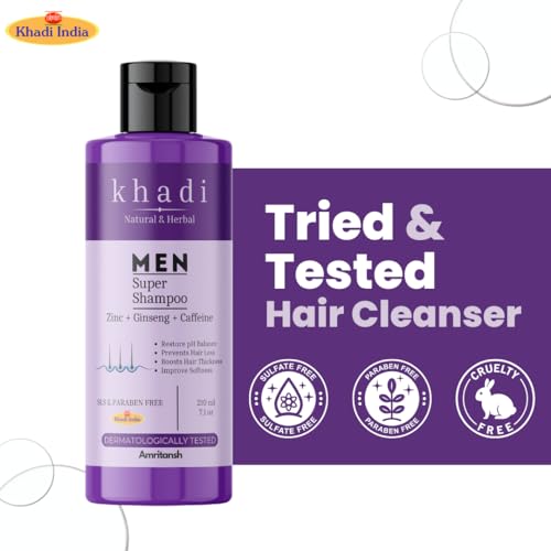 Image of Khadi MEN Super Shampoo | With Zinc, Ginseng & Caffeine | Restores Scalp pH Balance | Anti Hair Fall | Improves Hair Thickness & Softness | Sulfate & Paraben Free | 420 ml - By AMRITANSH